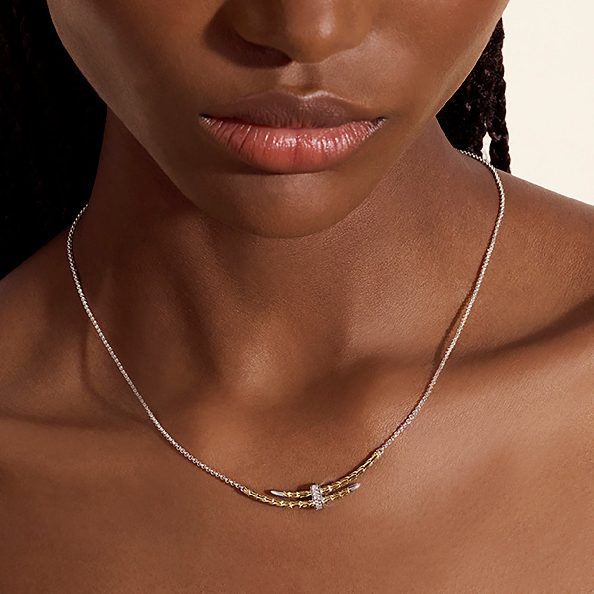 Spear Station Necklace, Gold, Sterling Silver, Diamonds