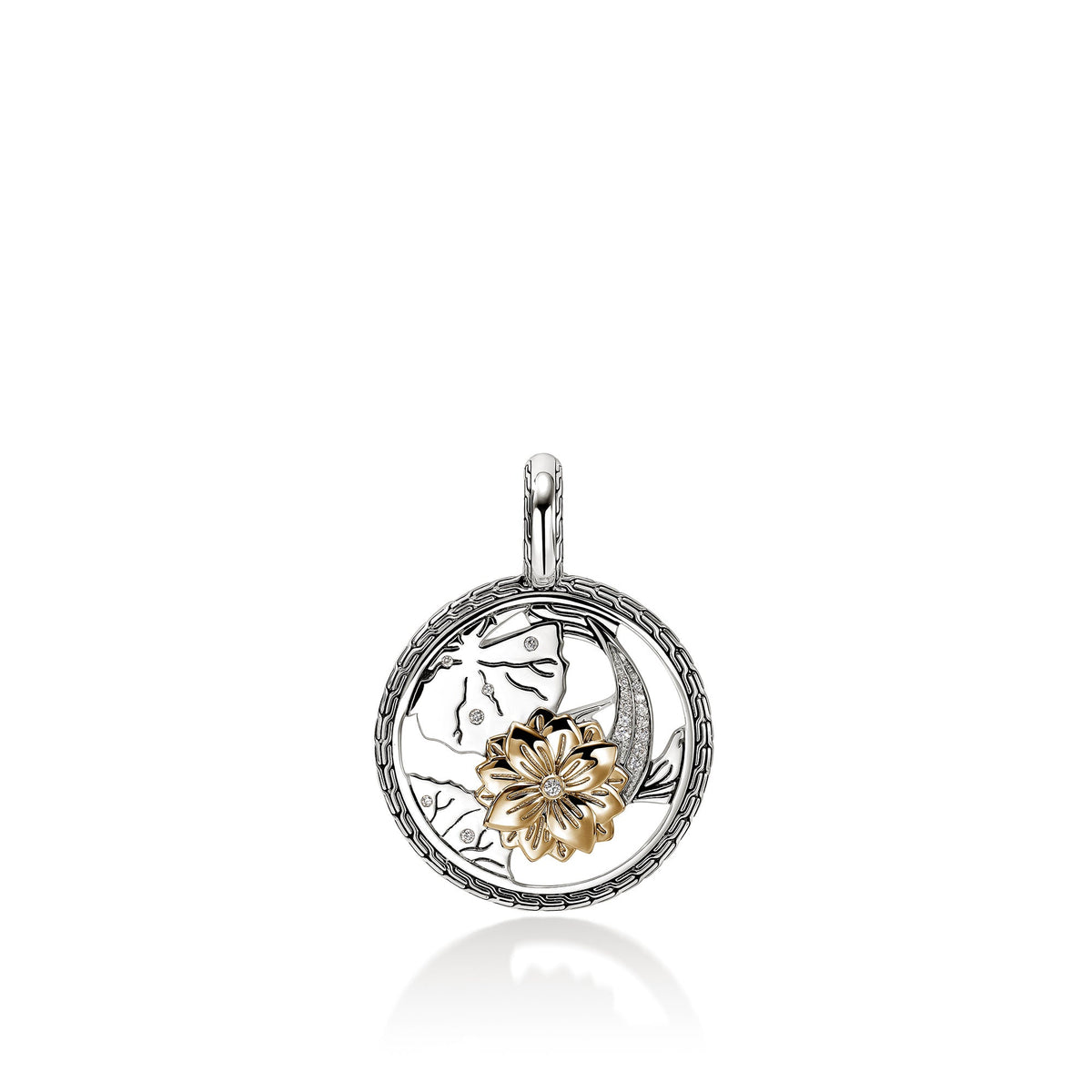 Lotus Talisman Charm, Gold, Sterling Silver, Diamonds