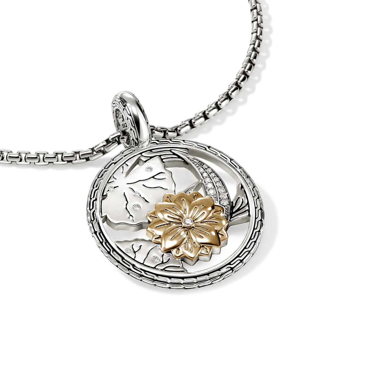 Lotus Talisman Charm, Gold, Sterling Silver, Diamonds