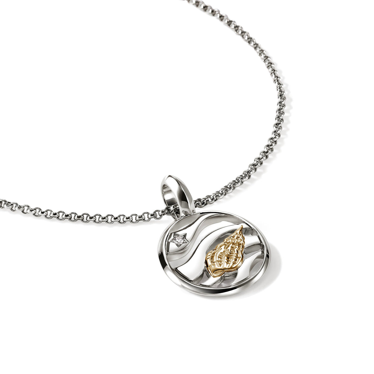 Seashell Talisman Charm, Gold, Sterling Silver, Diamonds